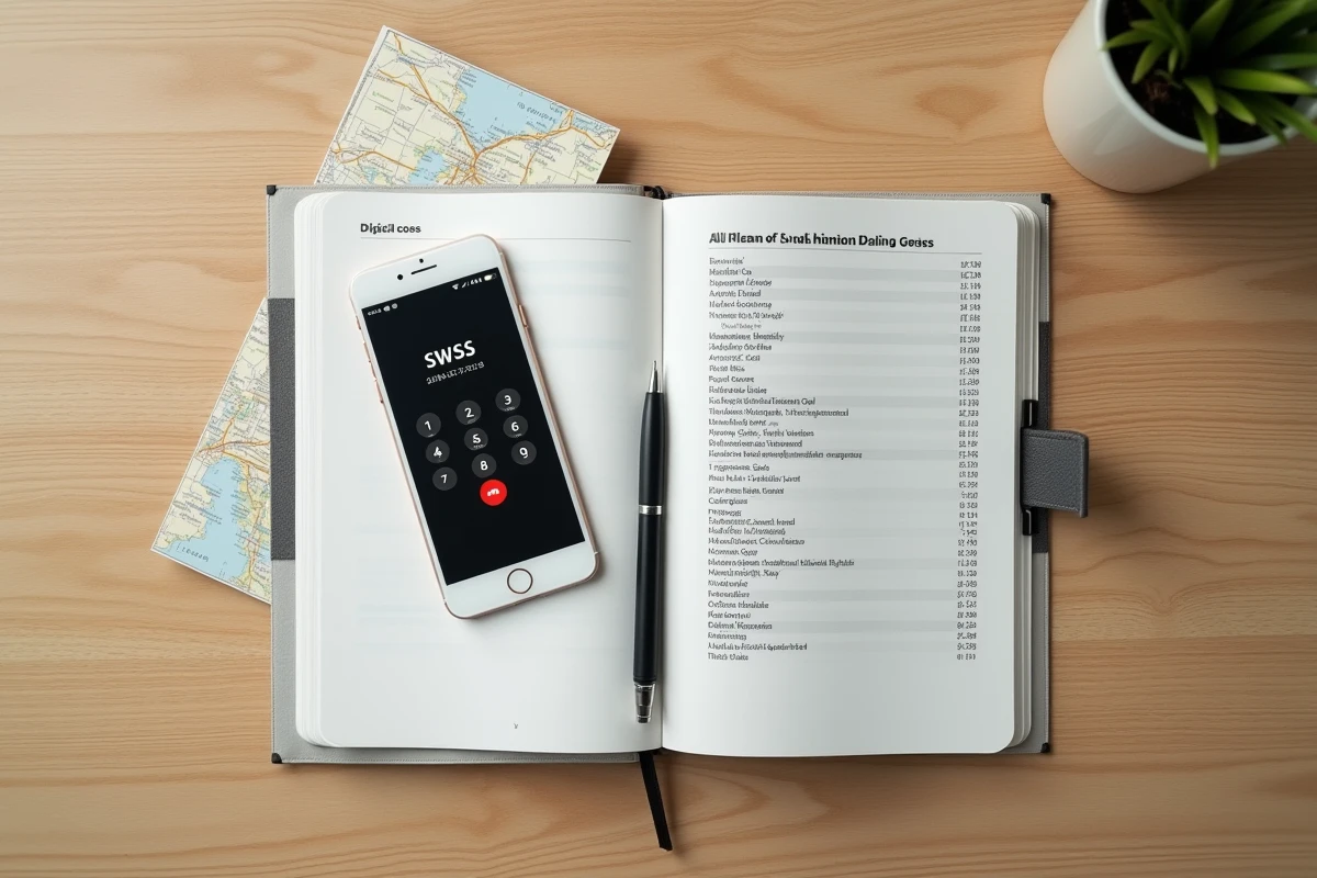 Vue de dessus d'un smartphone affichant un numéro suisse avec indicatif 41 posé sur un bureau avec un carnet de notes