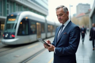 Homme politique en costume dans une station de tram moderne