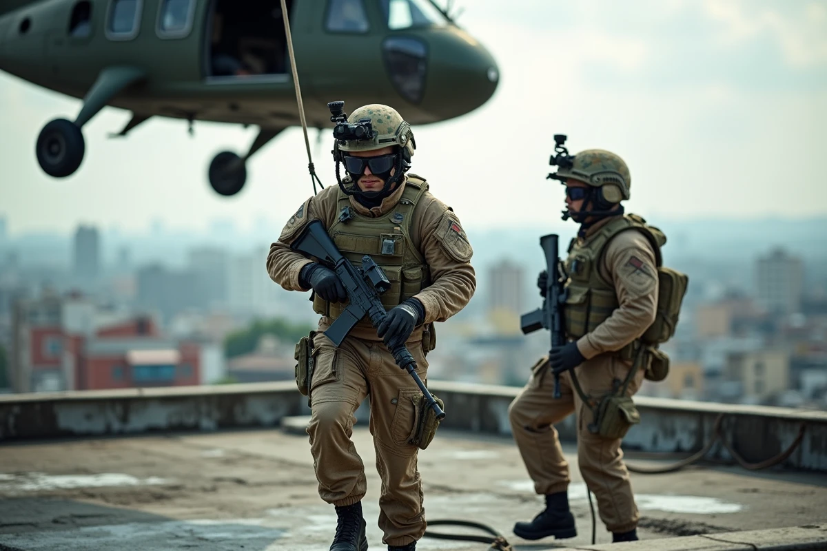 Opérateurs des forces spéciales françaises en rappel depuis un hélicoptère militaire sur un toit urbain lors d'un exercice tactique