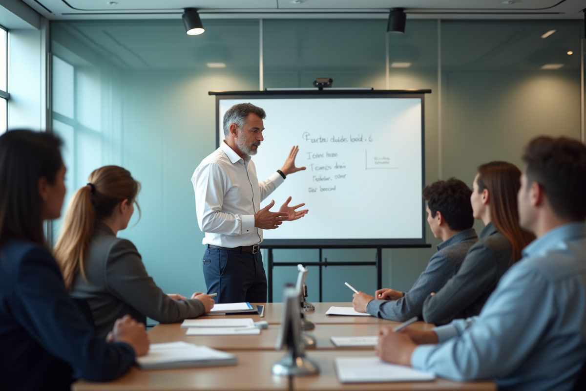 Instructeur expliquant un concept à des adultes en formation