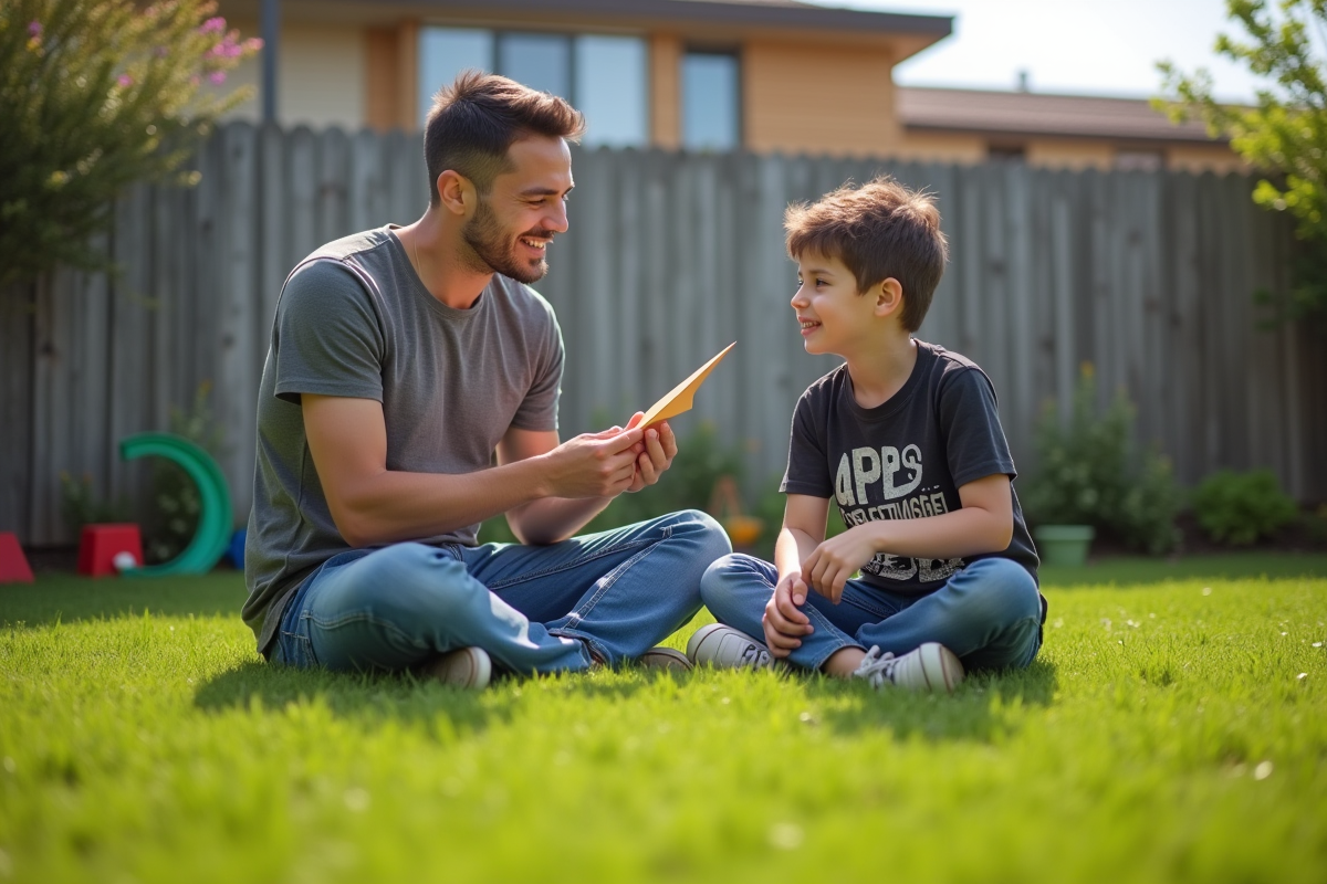 Garçon et père jouant avec un avion en papier dans le jardin