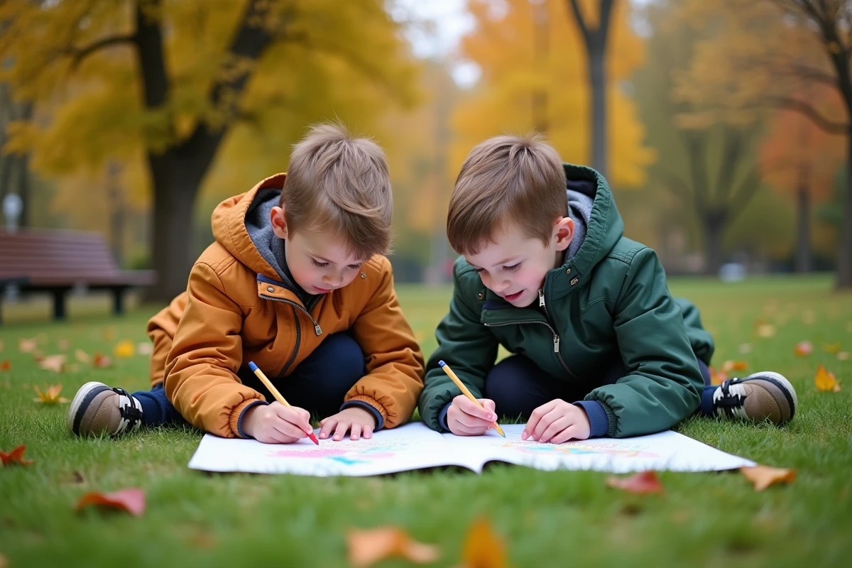 Deux jeunes garçons dessinent dans un parc en plein air