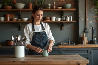 cuisine ouverte au style industriel avec éléments vintage et chaleureux