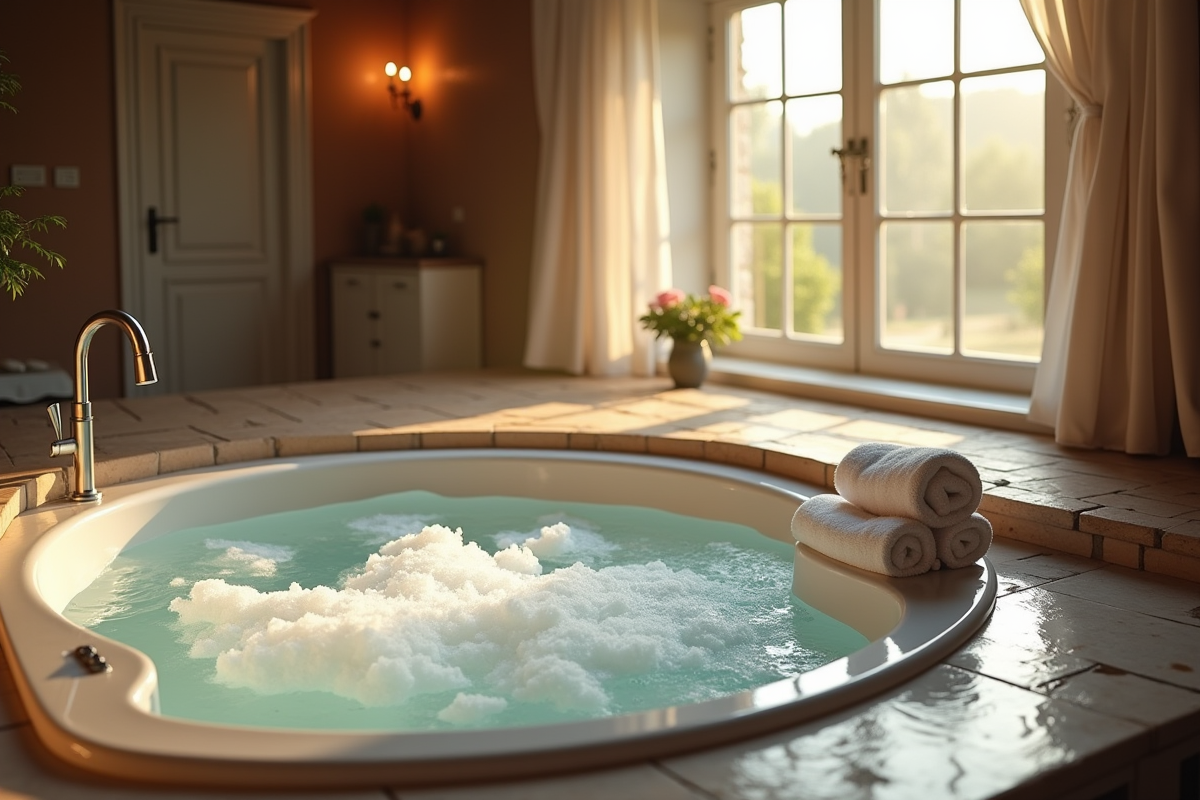 Intérieur romantique avec jacuzzi près des fenêtres en Normandie