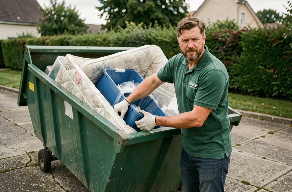 Employé Grokosto chargeant des matelas et bacs plastiques dans une benne de chantier en banlieue
