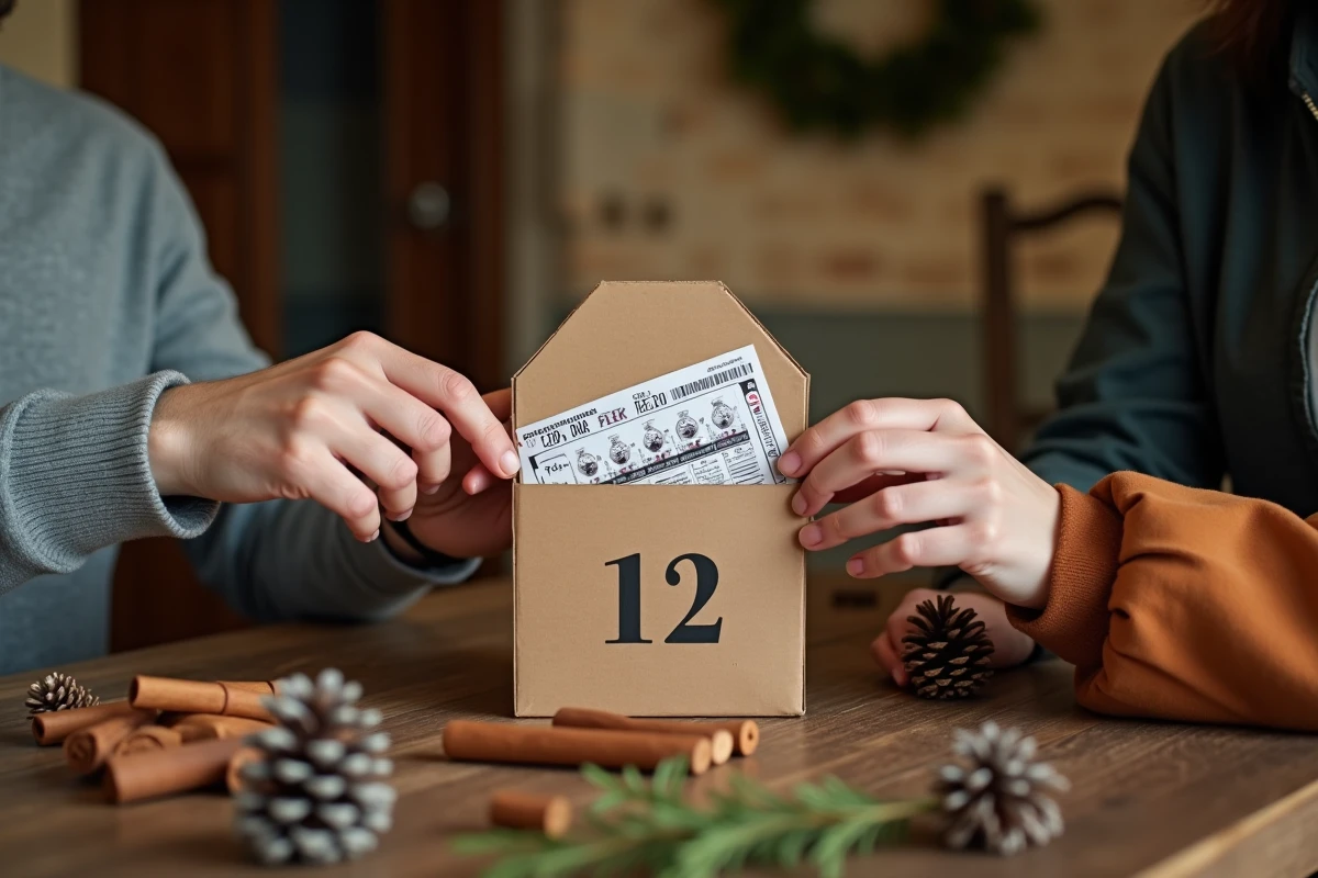 Gros plan de mains tenant un ticket FDJ extrait du calendrier de l'avent 2026, posé sur une table en chêne décorée pour Noël