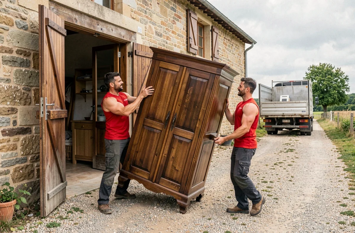 Deux déménageurs GrosBras extrayant une armoire ancienne d'une maison en pierre en Essonne