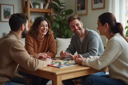 Adultes rieurs jouant au Scrabble dans un salon chaleureux