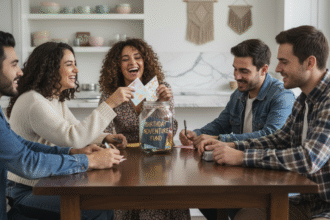 Groupe d'amis autour d'un pot à anniversaire dans une cuisine moderne