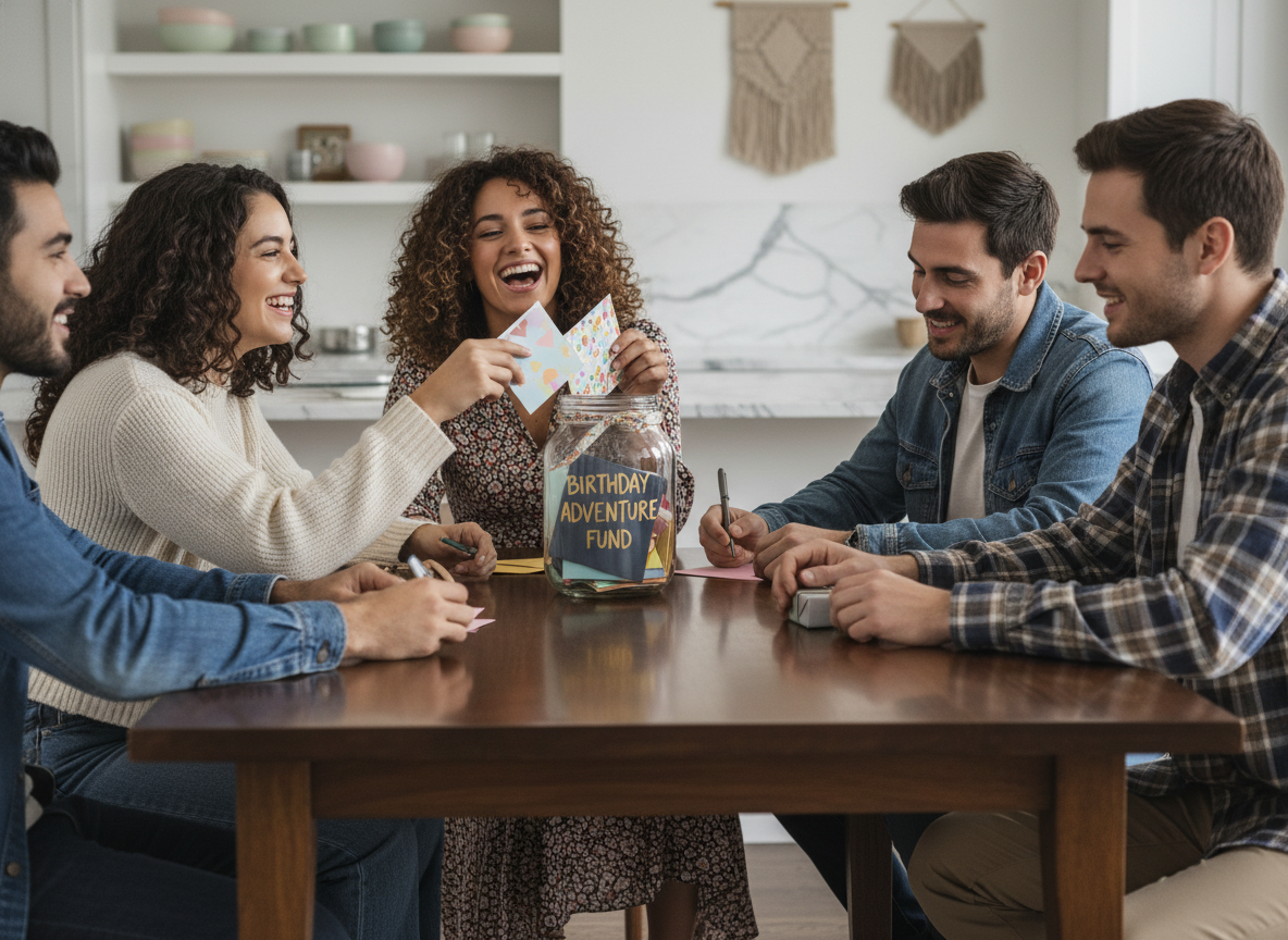 Groupe d'amis autour d'un pot à anniversaire dans une cuisine moderne
