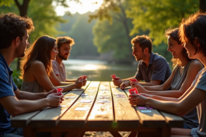 Groupe d'amis jouant au River Uno au bord de la rivière