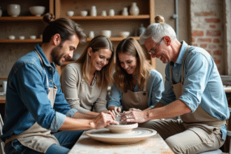 Groupe de quatre adultes en atelier de poterie à Paris