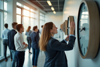 Groupe de collègues vérifiant l'heure dans un bureau lumineux