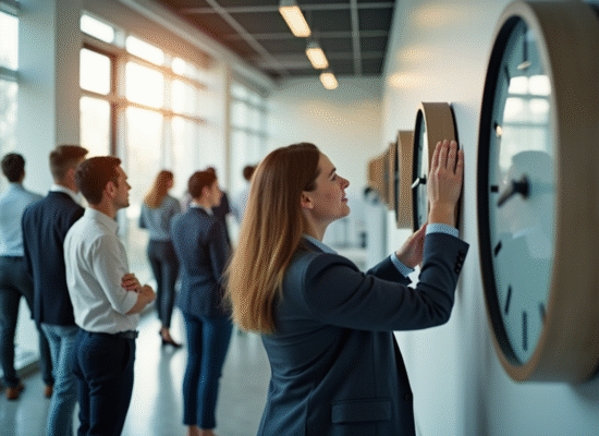 Groupe de collègues vérifiant l'heure dans un bureau lumineux