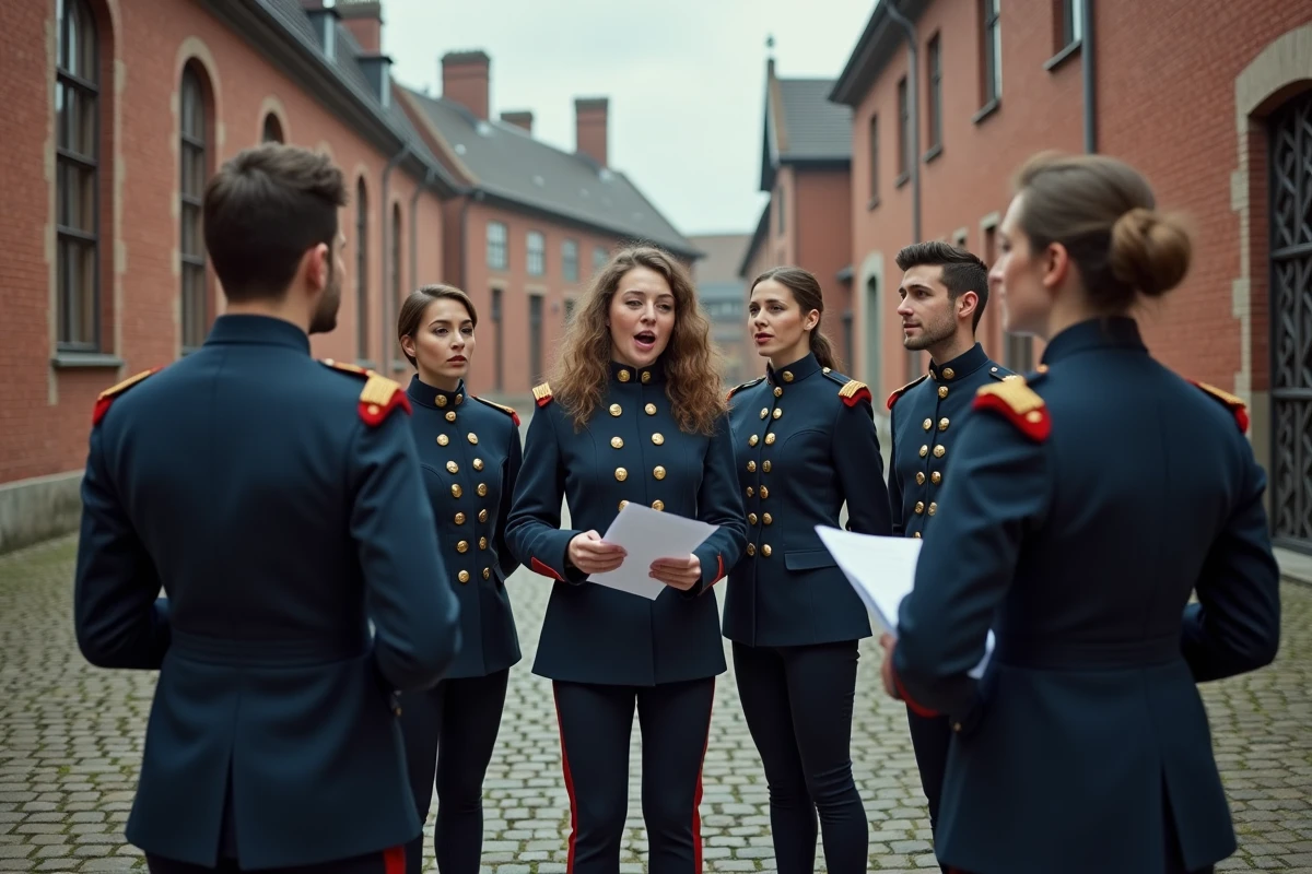Groupe de chanteurs militaires répétant les paroles de La Strasbourgeoise dans la cour d'une caserne alsacienne historique