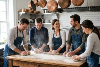 Groupe d adultes en cuisine parisienne conviviale