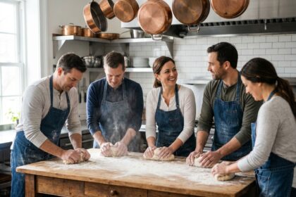 Groupe d adultes en cuisine parisienne conviviale