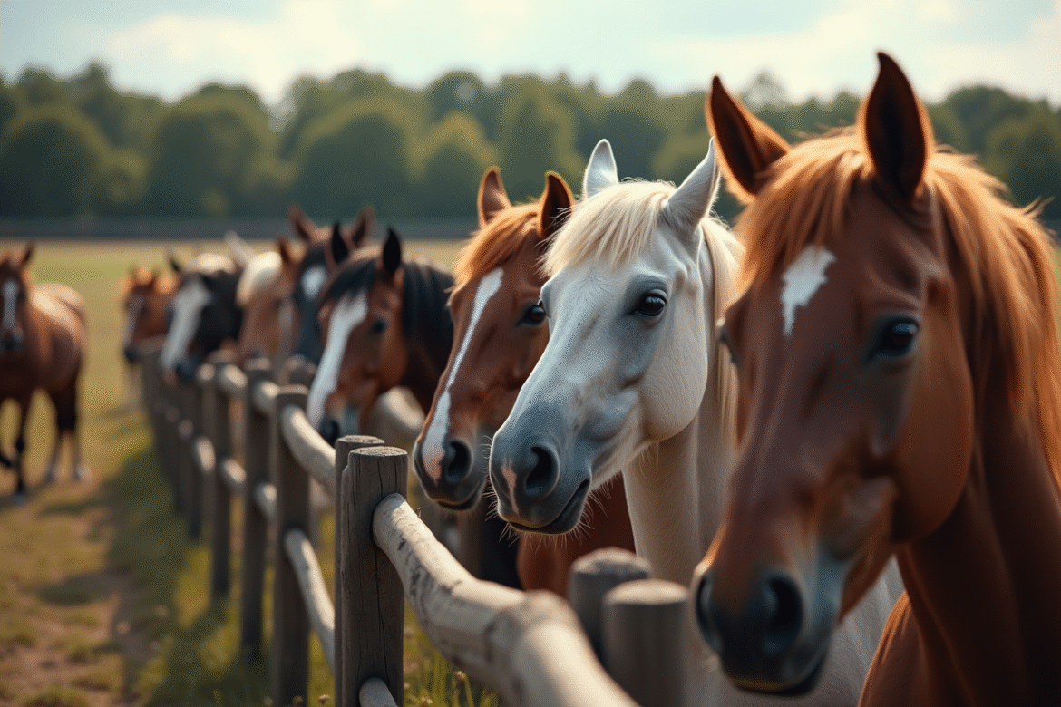 Groupe divers d'observateurs de chevaux dans un paddock