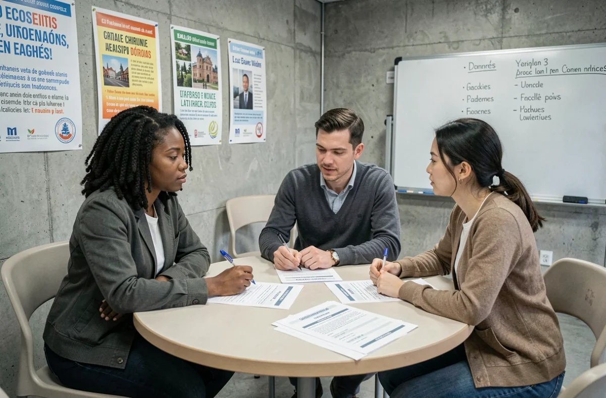 Groupe multiculturel d'adultes préparant ensemble le test de naturalisation française avec des fiches de quiz sur l'histoire et les valeurs civiques