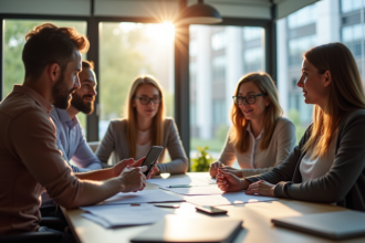 Groupe de personnes autour d'une table de travail moderne