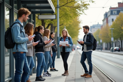 Groupe divers d'adultes et adolescents dans la ville utilisant des smartphones