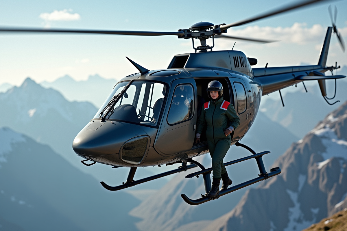 Hélicoptère en vol au-dessus de paysages alpins avec équipière