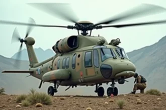 Hélicoptère militaire Caracal EC725 de l'armée française en vol stationnaire lors d'une opération spéciale en terrain montagneux