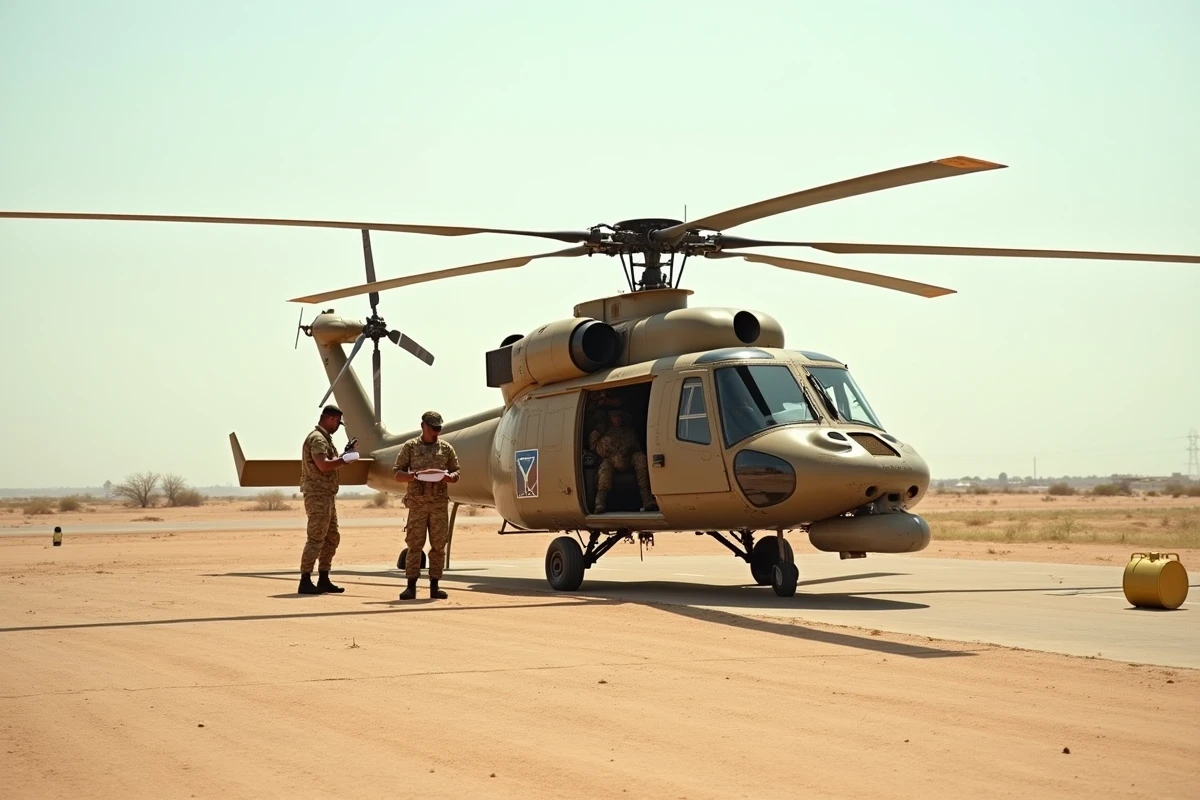 Hélicoptère Gazelle de l'armée française en maintenance sur une base avancée au Sahel avec des techniciens militaires au sol