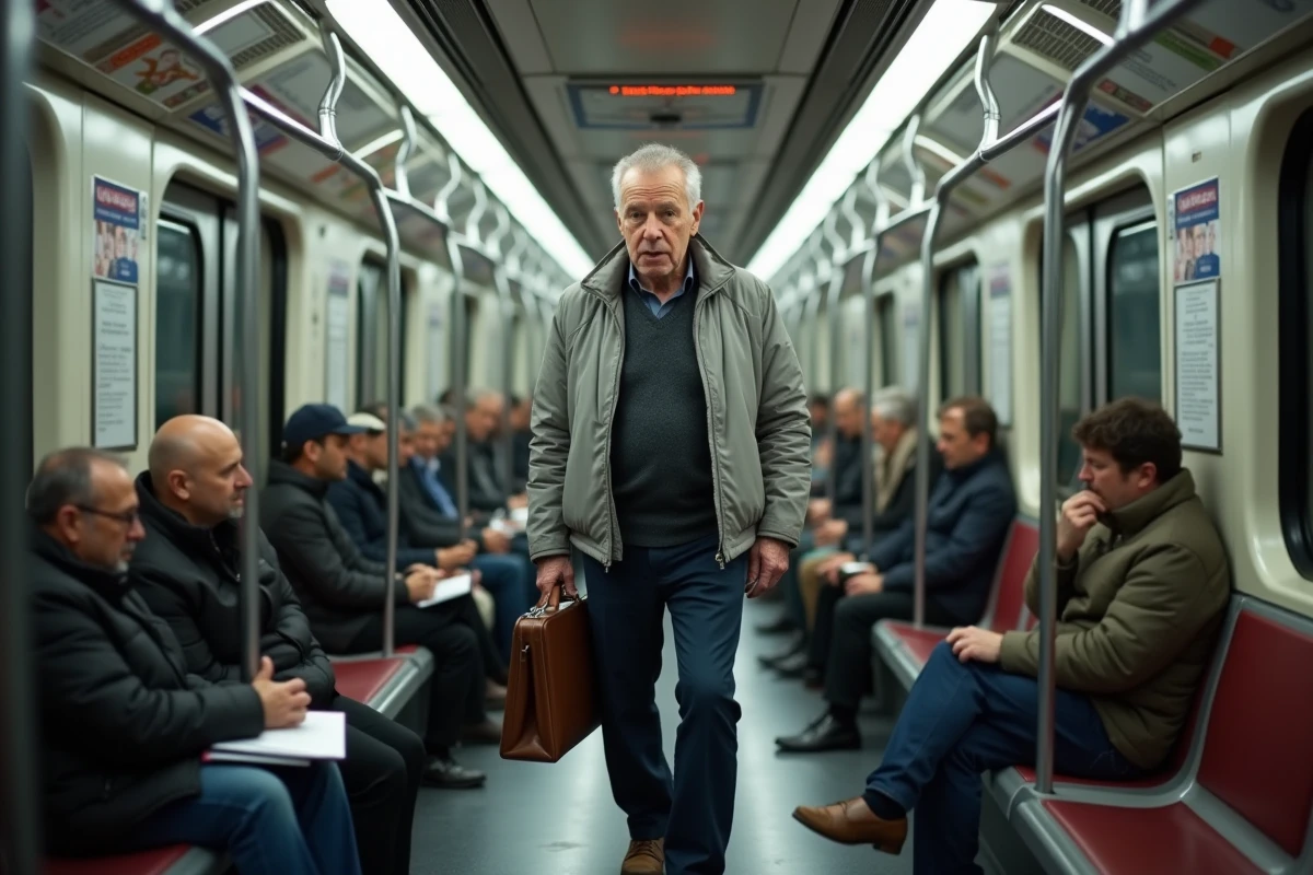Homme âgé montant dans un train du metro de Paris