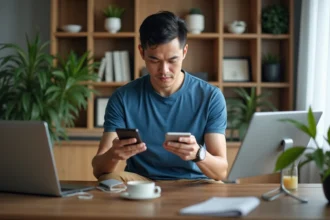 Homme d'âge moyen comparant deux appareils électroniques dans un bureau moderne