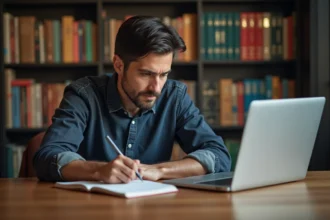 Homme d'âge moyen travaillant dans un bureau cosy et organisé