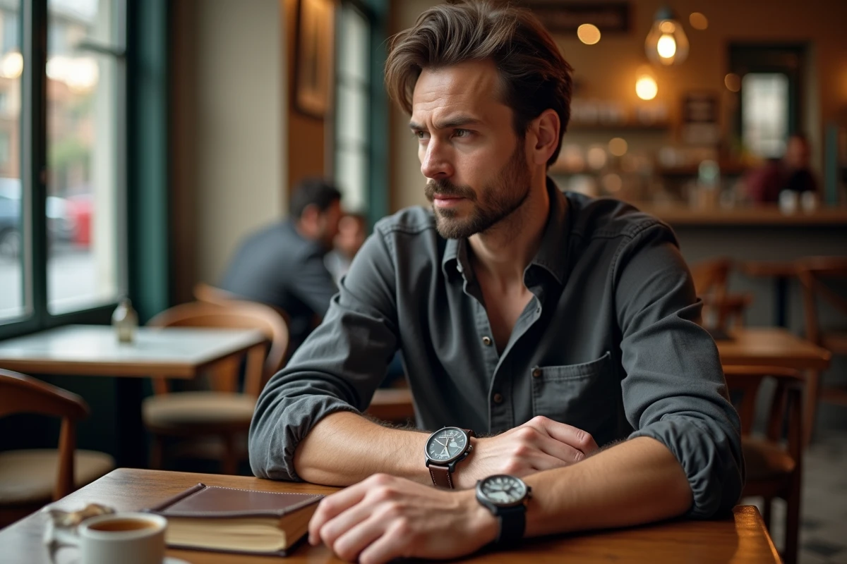 Homme en café consultant une montre affichant 11h01, symbole de l'heure miroir et de la synchronicité