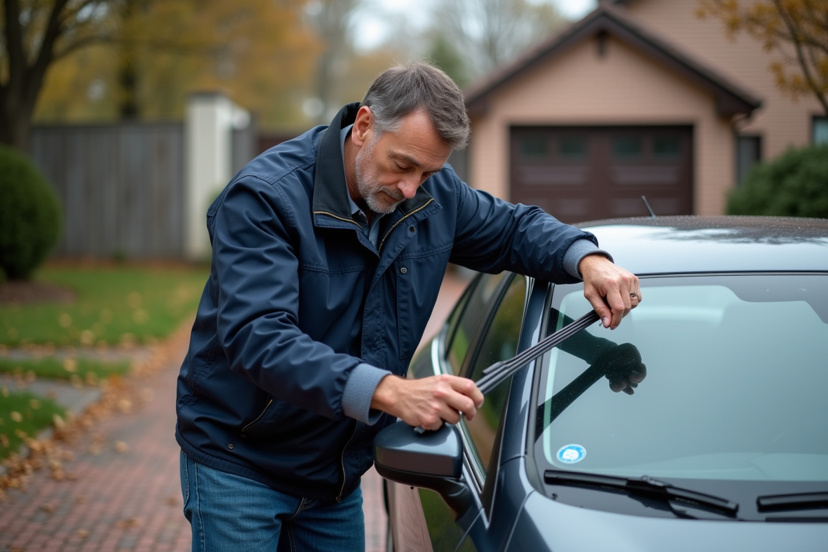 Homme middleaged changeant un wipeur sur une voiture moderne