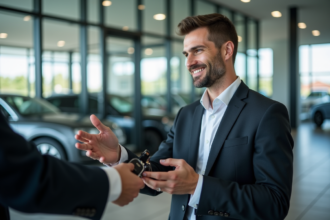Homme confiant en costume dans un showroom automobile