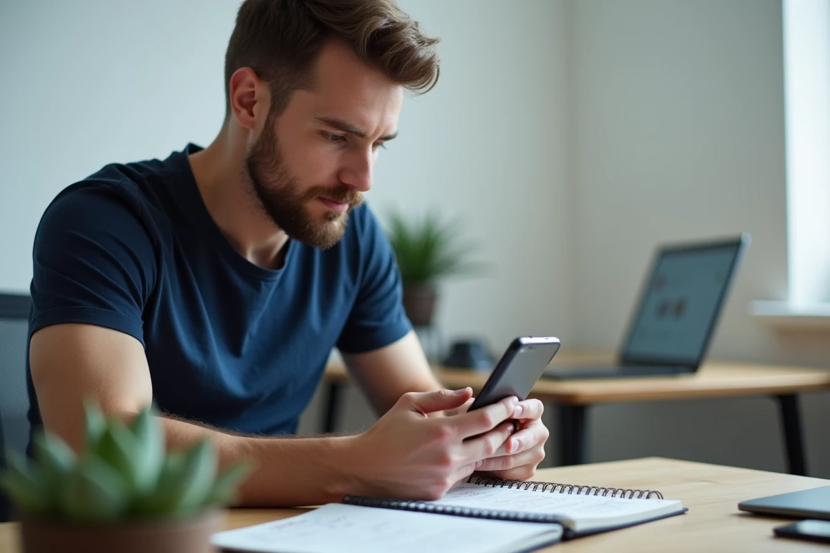Homme débutant prenant des notes sur les astuces Monopoly Go pour obtenir des dés gratuits sur son smartphone