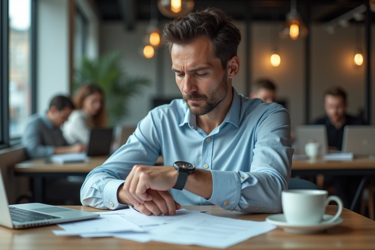 Homme vérifiant une facture dans un espace coworking dynamique