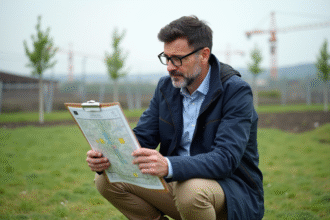 Homme en extérieur examinant une carte de zonage