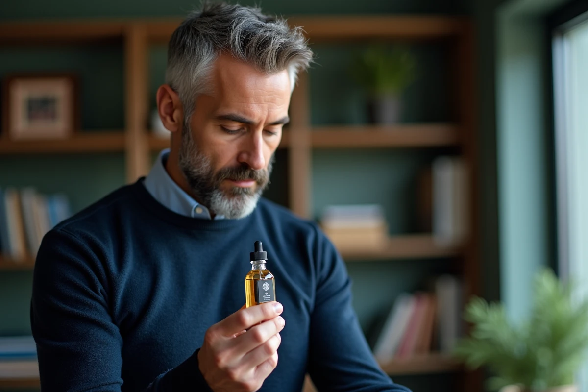 Homme examinant un flacon d'e-liquide premium dans un bureau à domicile, symbole de choix éclairé en matière de vape