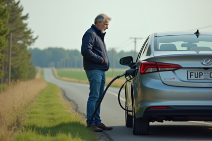 Homme moyenâgeux à côté d'une voiture hybride en campagne