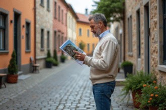 Homme examine brochure immobiliere dans un vieux quartier