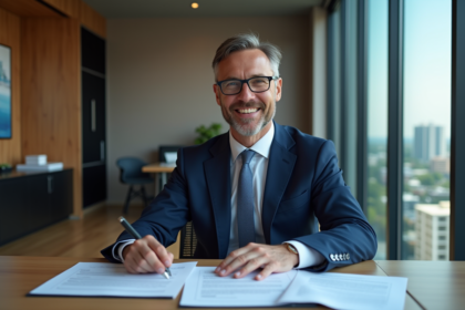 Homme confiant en costume cravate dans un bureau moderne