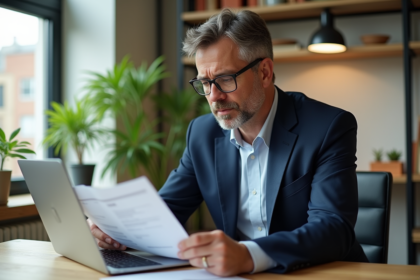 Homme d'affaires lisant des documents fiscaux à son bureau