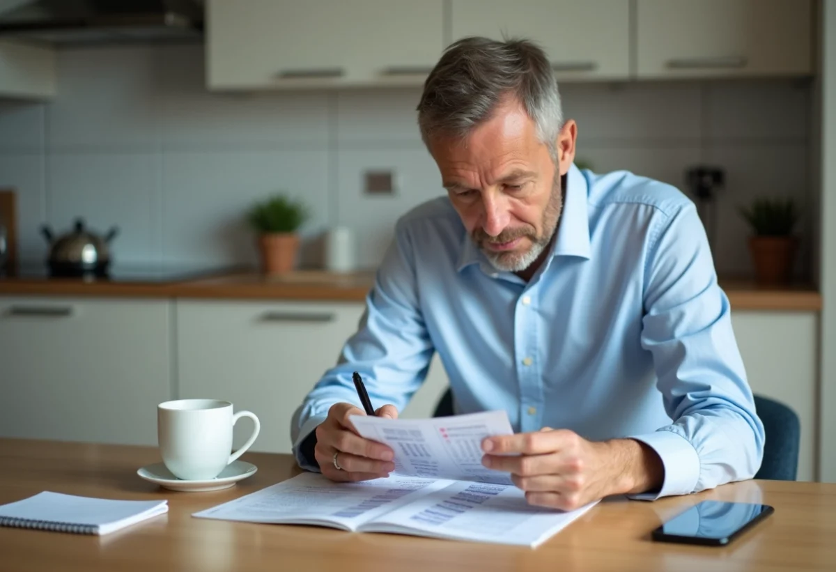 Homme d'âge moyen examinant résultats Keno à la maison