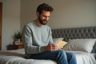 Homme lisant une note dans une chambre chaleureuse