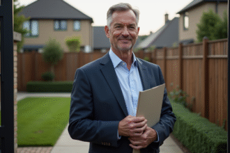 Homme en costume devant sa maison de banlieue