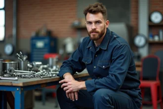Homme en salopette de mecanicien dans un atelier automobile