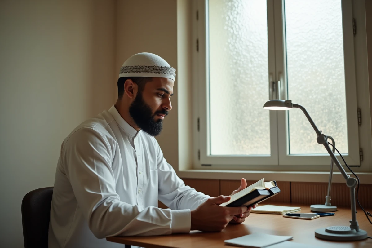 Homme musulman méditant avec le Coran après avoir récité la prière istikhara dans un bureau