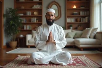 Musulman priant chez lui dans un salon paisible