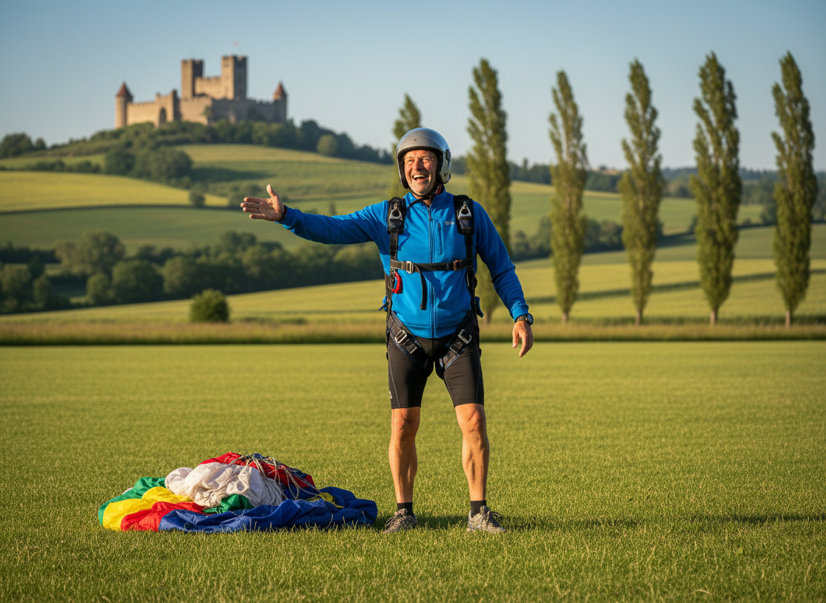 Homme en parachute dans un champ près de la Loire
