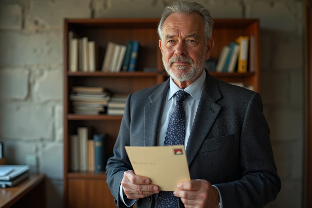 Homme d age tenant une enveloppe timbrée dans un bureau organisé